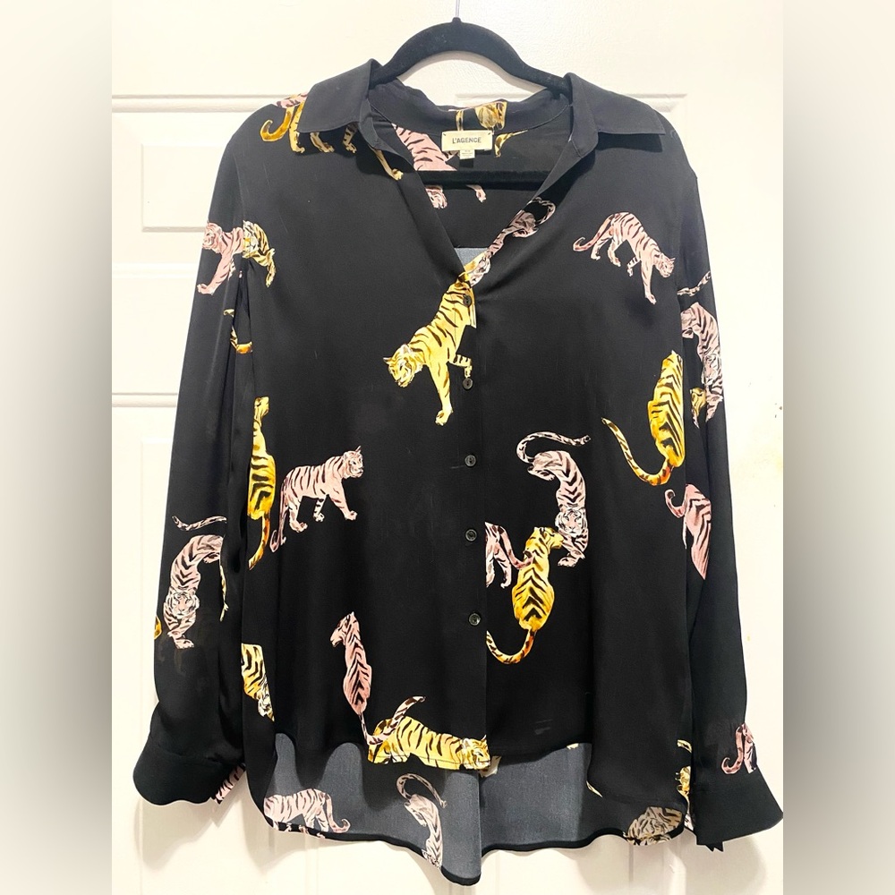 L AGENCE Nina Tiger-print Silk Blouse In Black Multi size medium